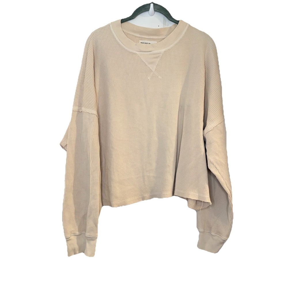 Back Beat Co Organic Cotton Waffle Knit Pullover Crew Neck Crop Raw Hem Tan M/L